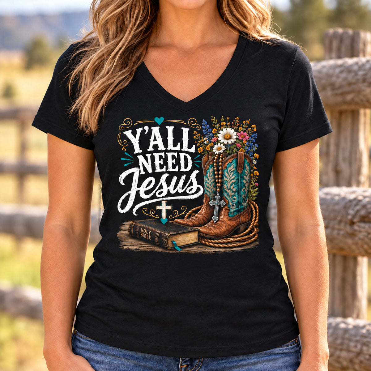 Y'all Need Jesus Floral Boots V-Neck Shirt — lifestyle mockup with raised upper chest print