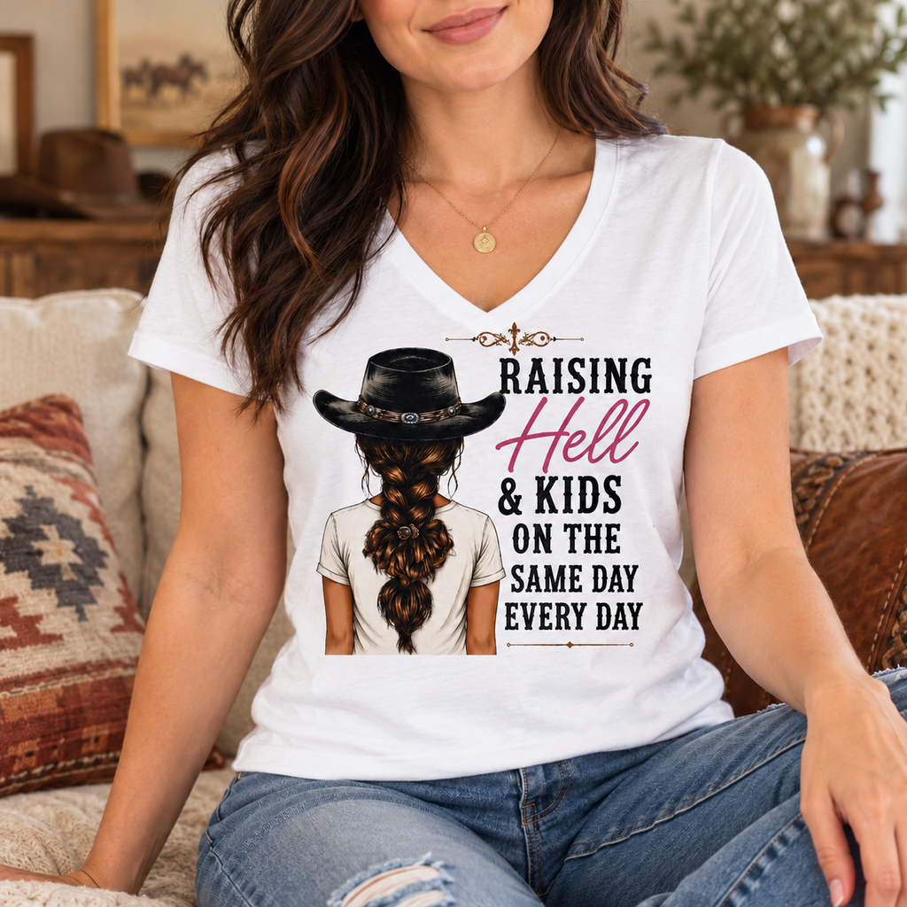 Raising Hell & Kids V-Neck Shirt | Funny Mom Tee — lifestyle mockup with raised upper chest print