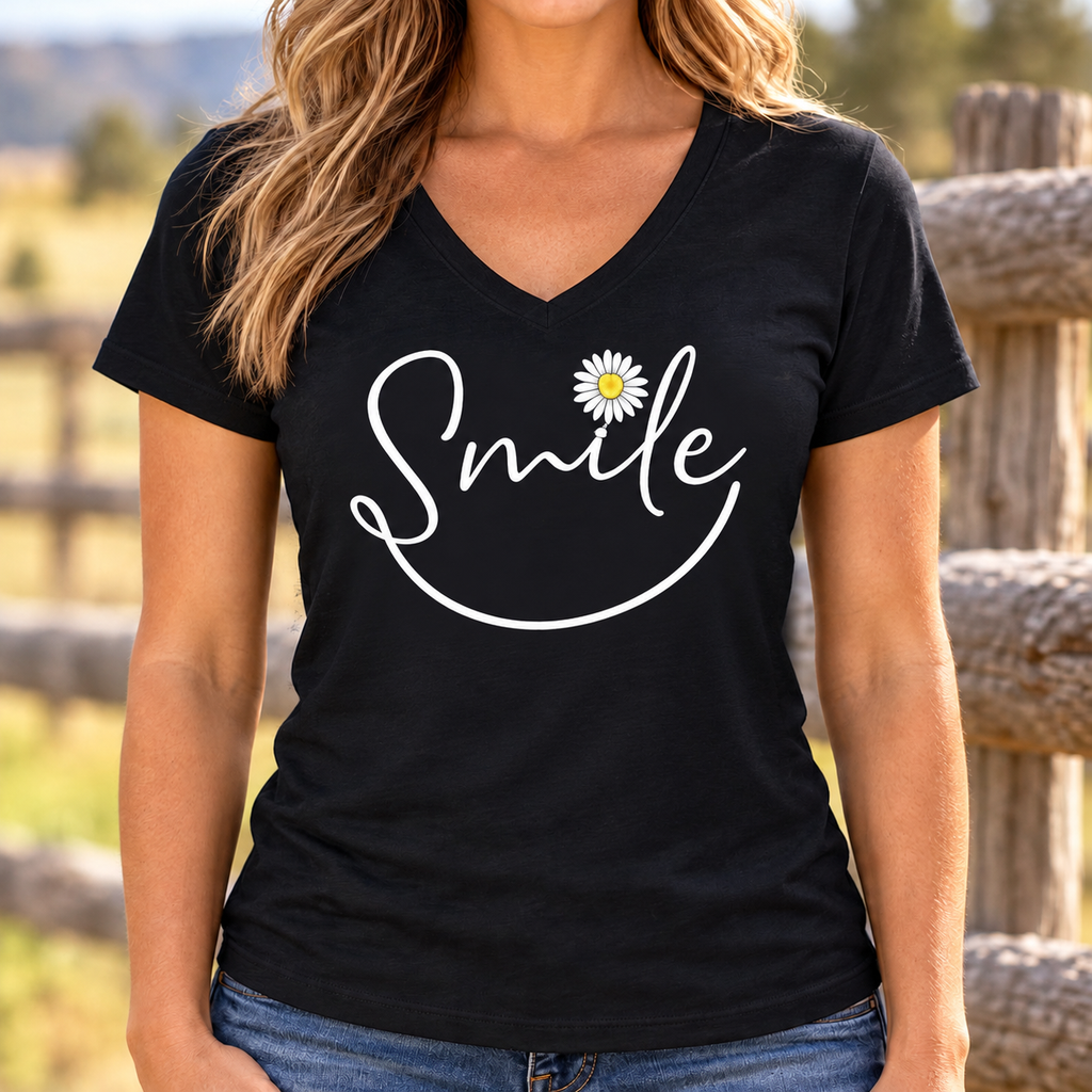 Smile Daisy V-Neck Shirt | Positive Floral Tee — lifestyle mockup with raised upper chest print