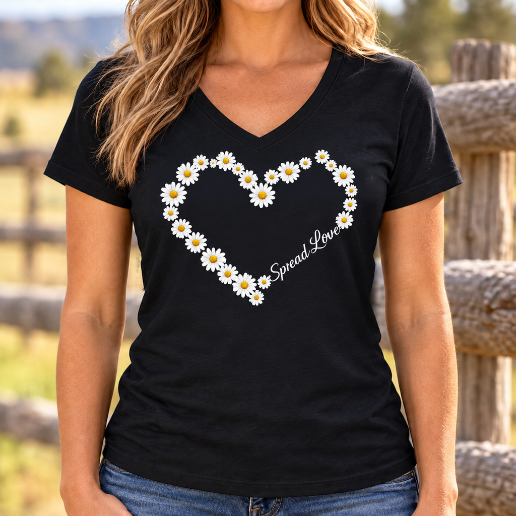 Spread Love Daisy Heart V-Neck Shirt | Women's Floral Tee — lifestyle mockup with raised upper chest print