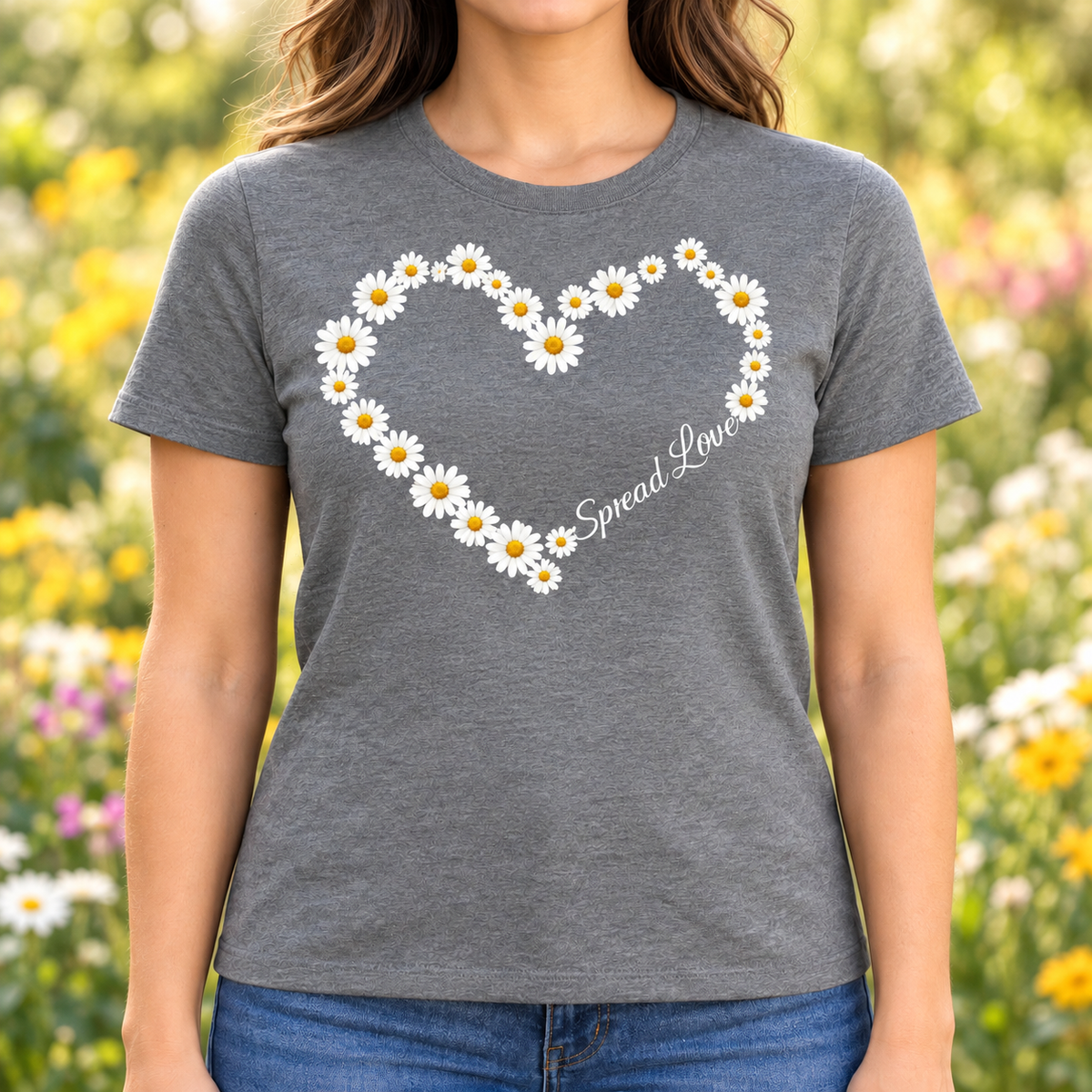 Spread Love Daisy Heart Shirt | Positive Floral Graphic Tee — lifestyle mockup with raised upper chest print