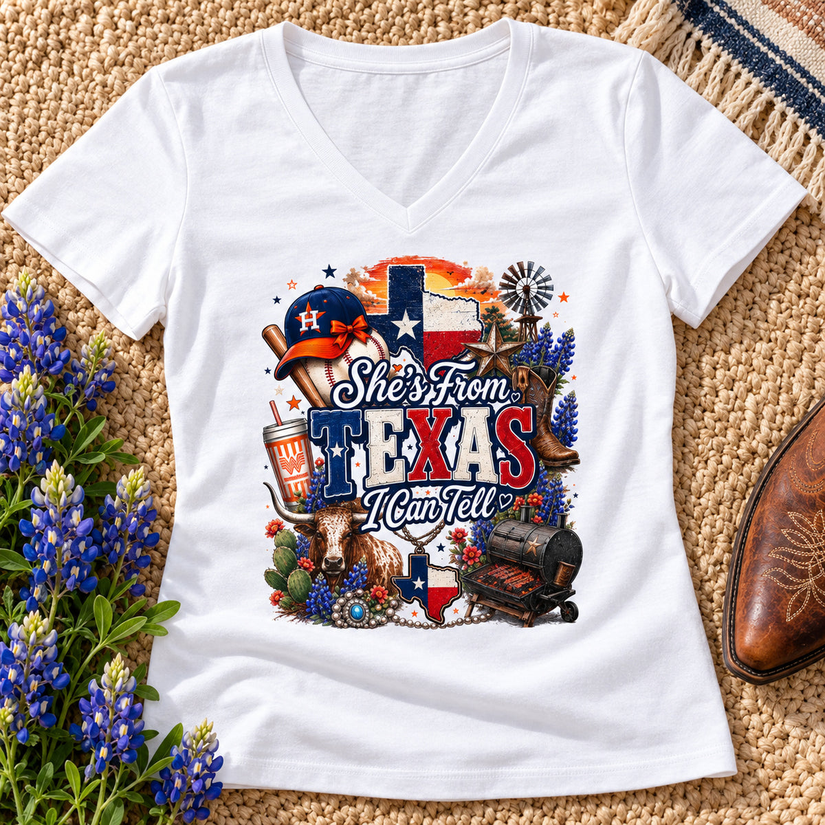 She's From Texas V-Neck Shirt | Women's Texas Pride Tee — close-up lifestyle mockup