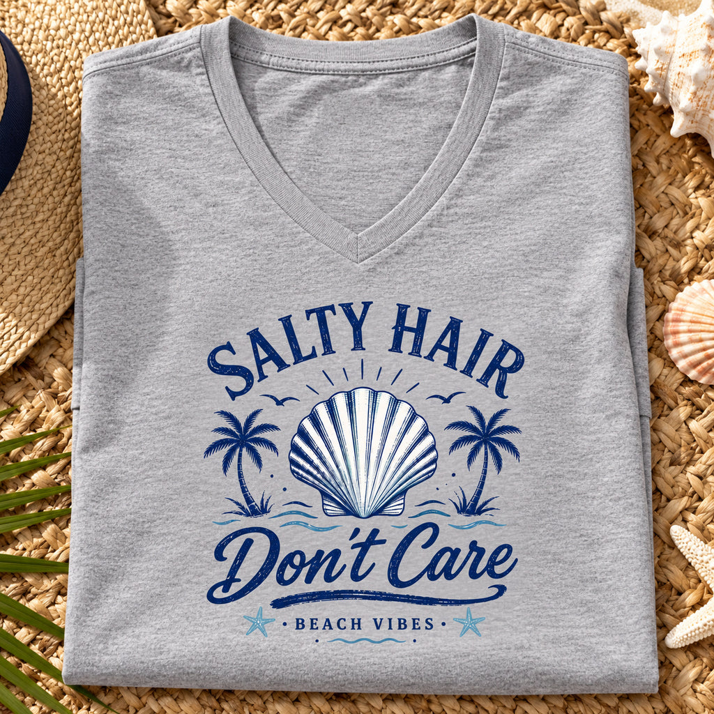 Salty Hair Don't Care Women's V-Neck Shirt | Beach Tee — close-up lifestyle mockup