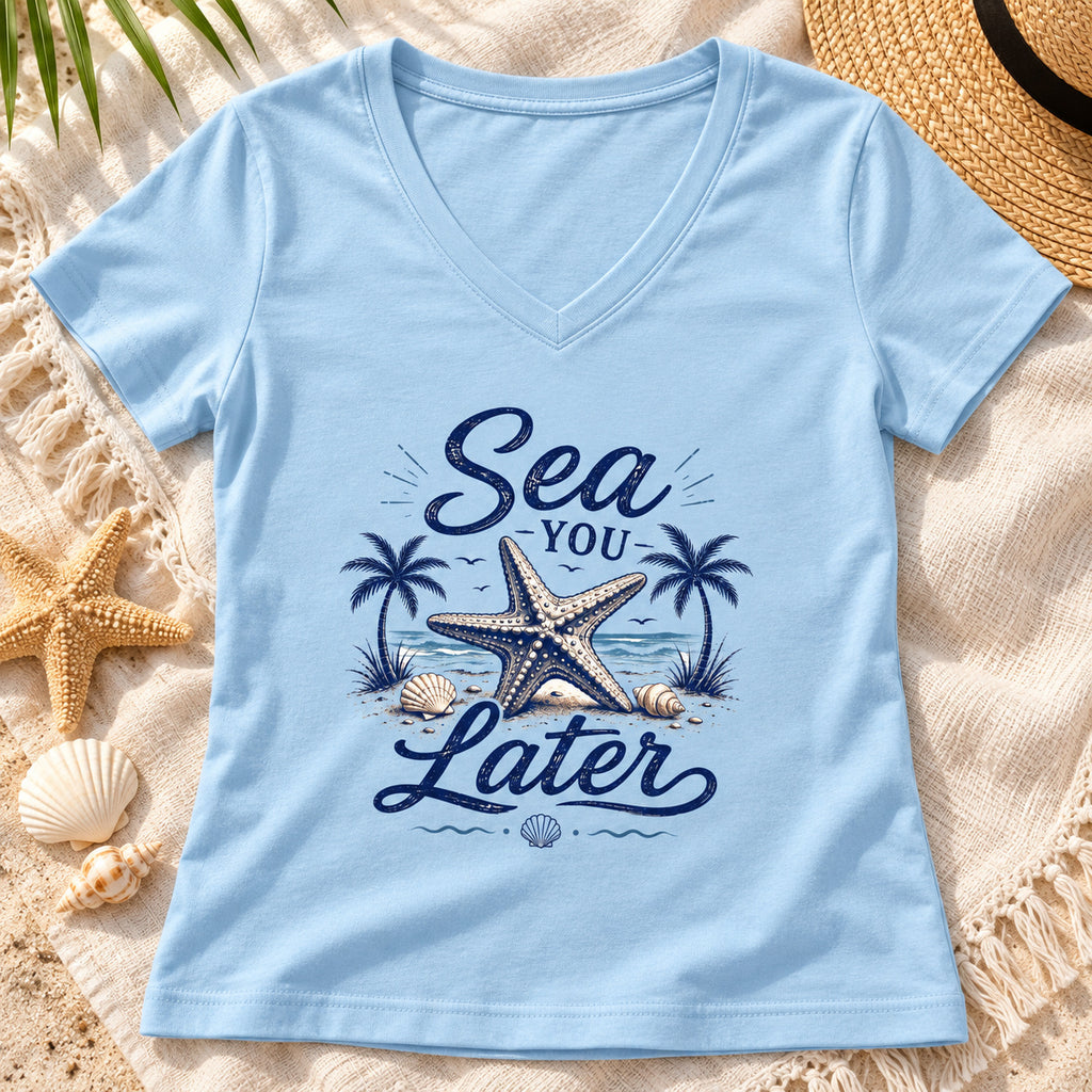 Sea You Later Women's V-Neck Shirt | Starfish Beach Tee — close-up lifestyle mockup