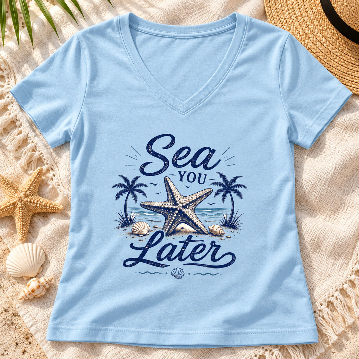 Sea You Later Women's V-Neck Shirt | Starfish Beach Tee — close-up lifestyle mockup