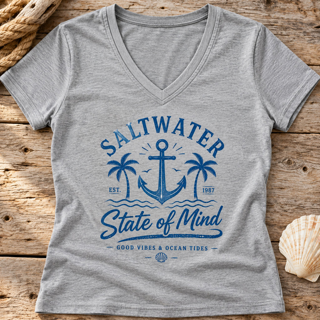 Saltwater State of Mind V-Neck Shirt | Women's Beach Tee — close-up lifestyle mockup