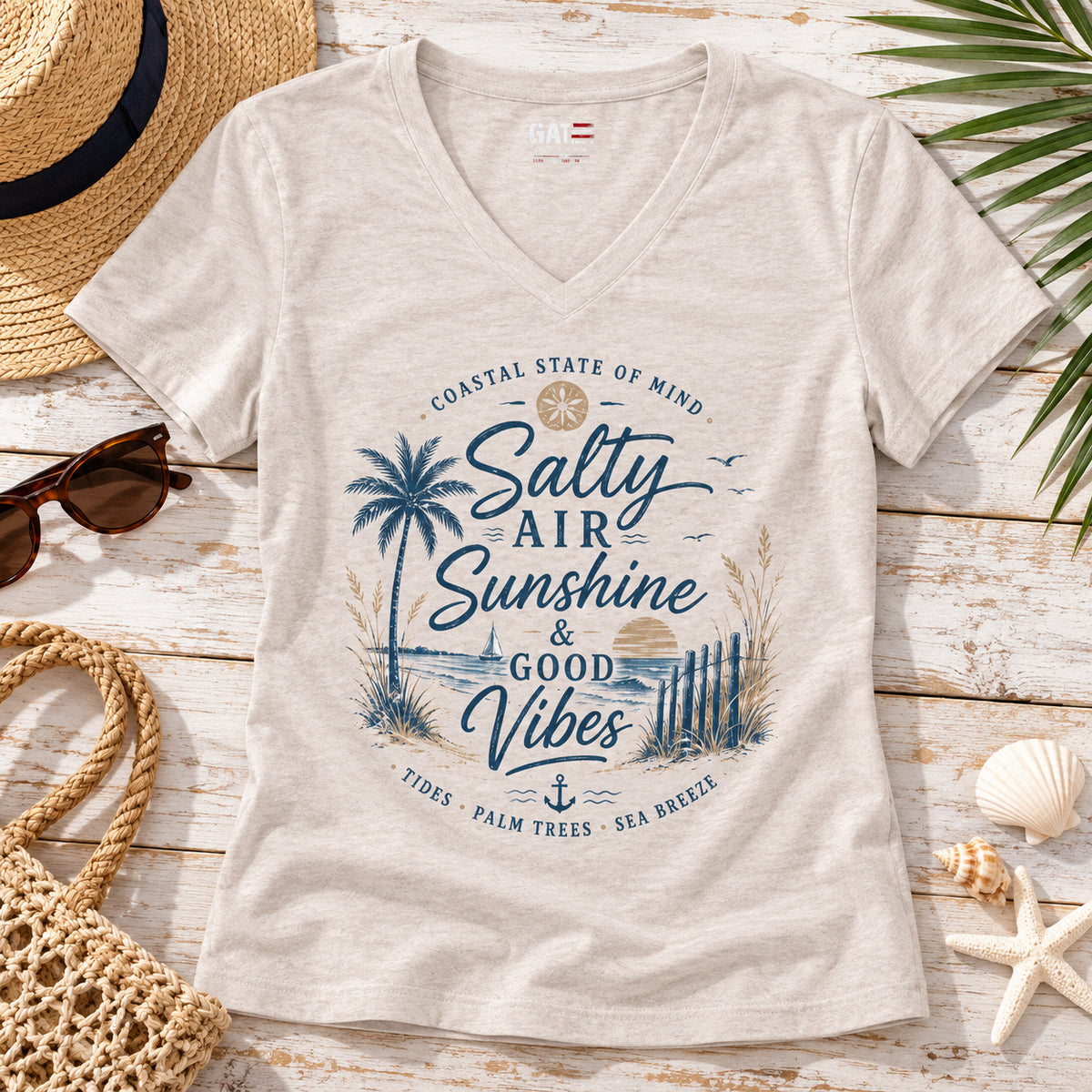 Salty Air Sunshine Good Vibes V-Neck Shirt | Women's Beach Tee — close-up lifestyle mockup