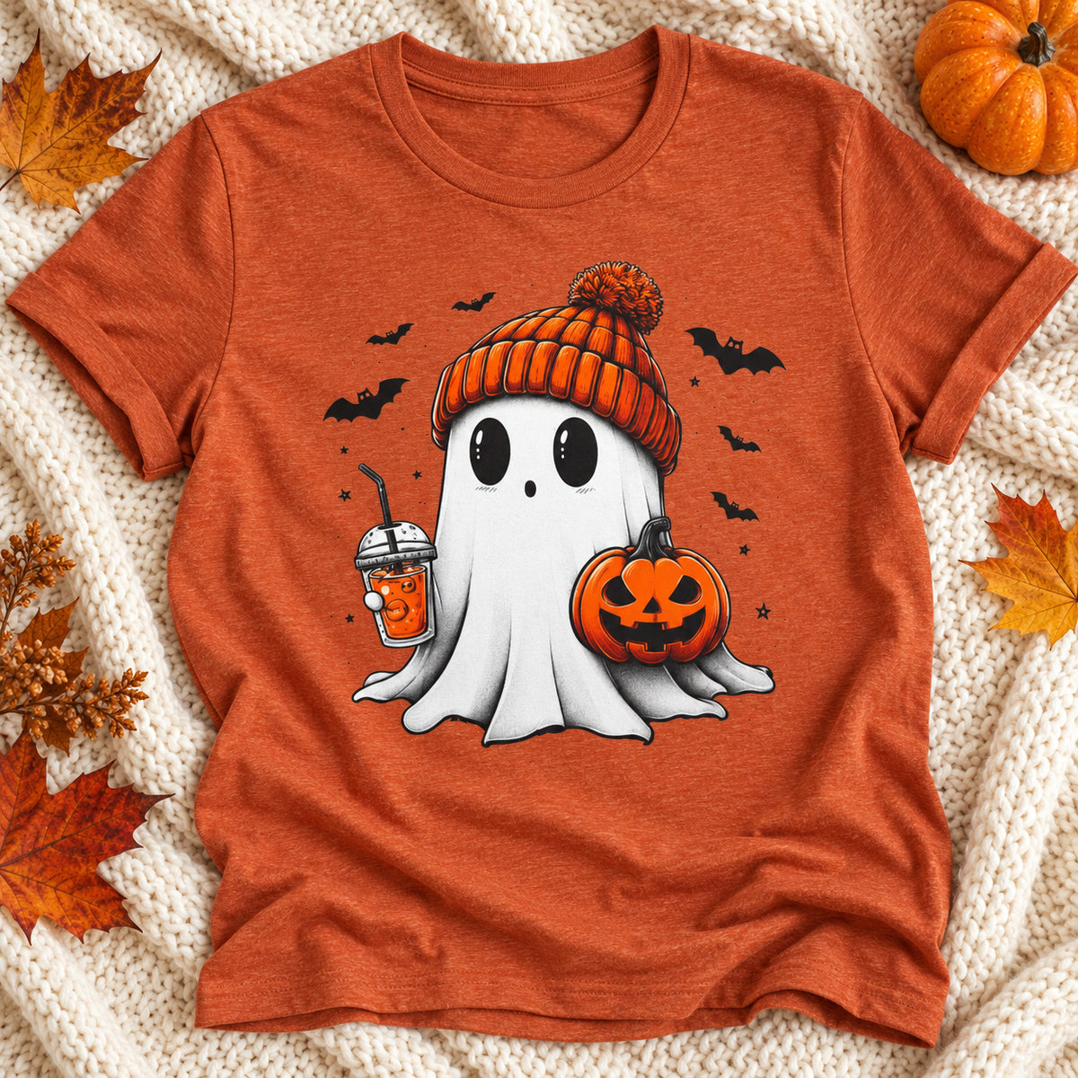 Pumpkin Spice Ghost Shirt | Cute Halloween Graphic Tee — close-up lifestyle mockup