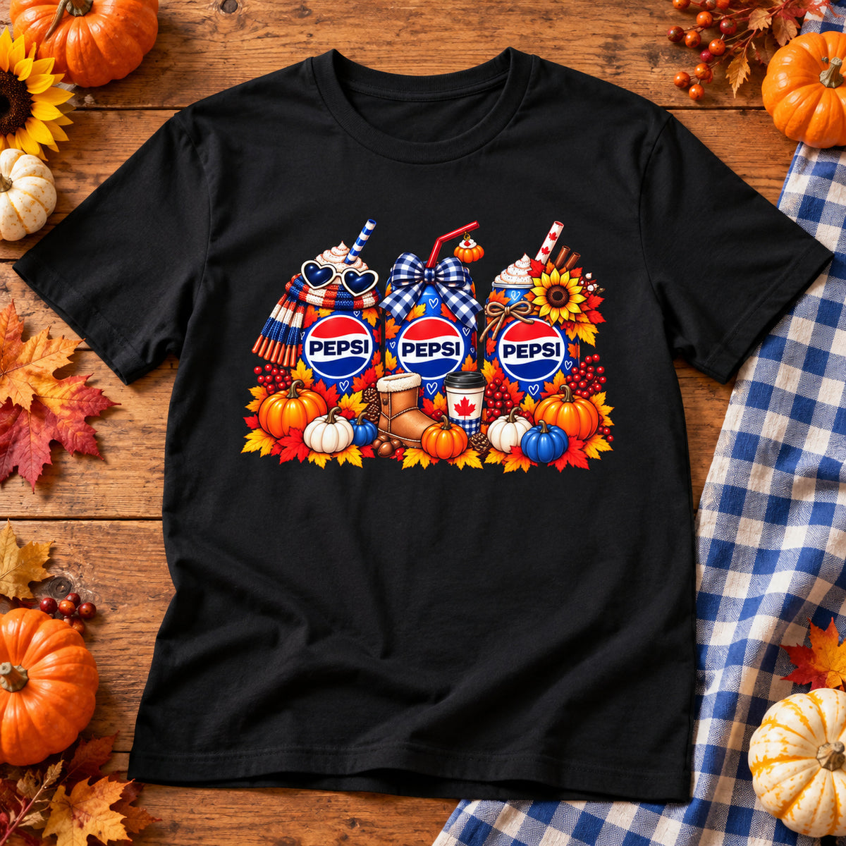 Pepsi Pumpkin Fall T‑Shirt — Autumn Pumpkin & Sunflower Soda Design — close-up lifestyle mockup