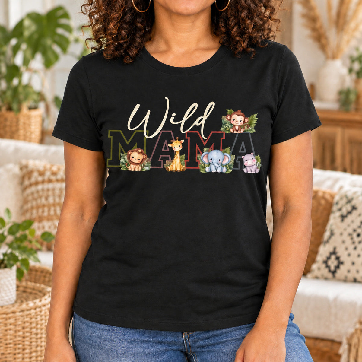 Wild Mama Tee — Cute Jungle Animal Mom Shirt — lifestyle mockup with raised upper chest print