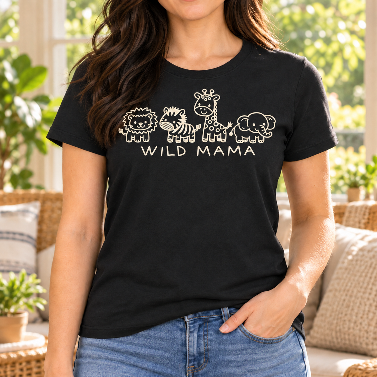 Wild Mama baby animal shirt — lifestyle mockup with upper chest print placement