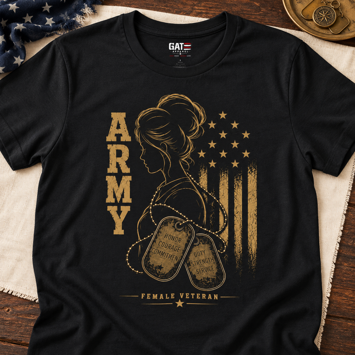 Female Army Veteran Shirt | Patriotic Military Tee — close-up lifestyle flat lay