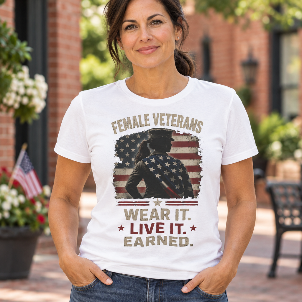 Female Veteran Shirt | Patriotic Military Tee for Women — close-up lifestyle mockup worn by a woman