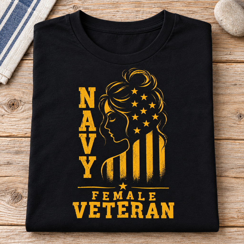Female Navy Veteran Shirt | Patriotic Military Tee — folded shirt lifestyle mockup