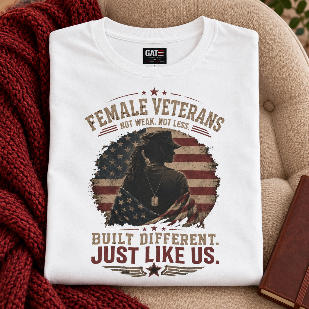 Female Veteran Built Different Shirt | Patriotic Military Tee — folded shirt lifestyle mockup
