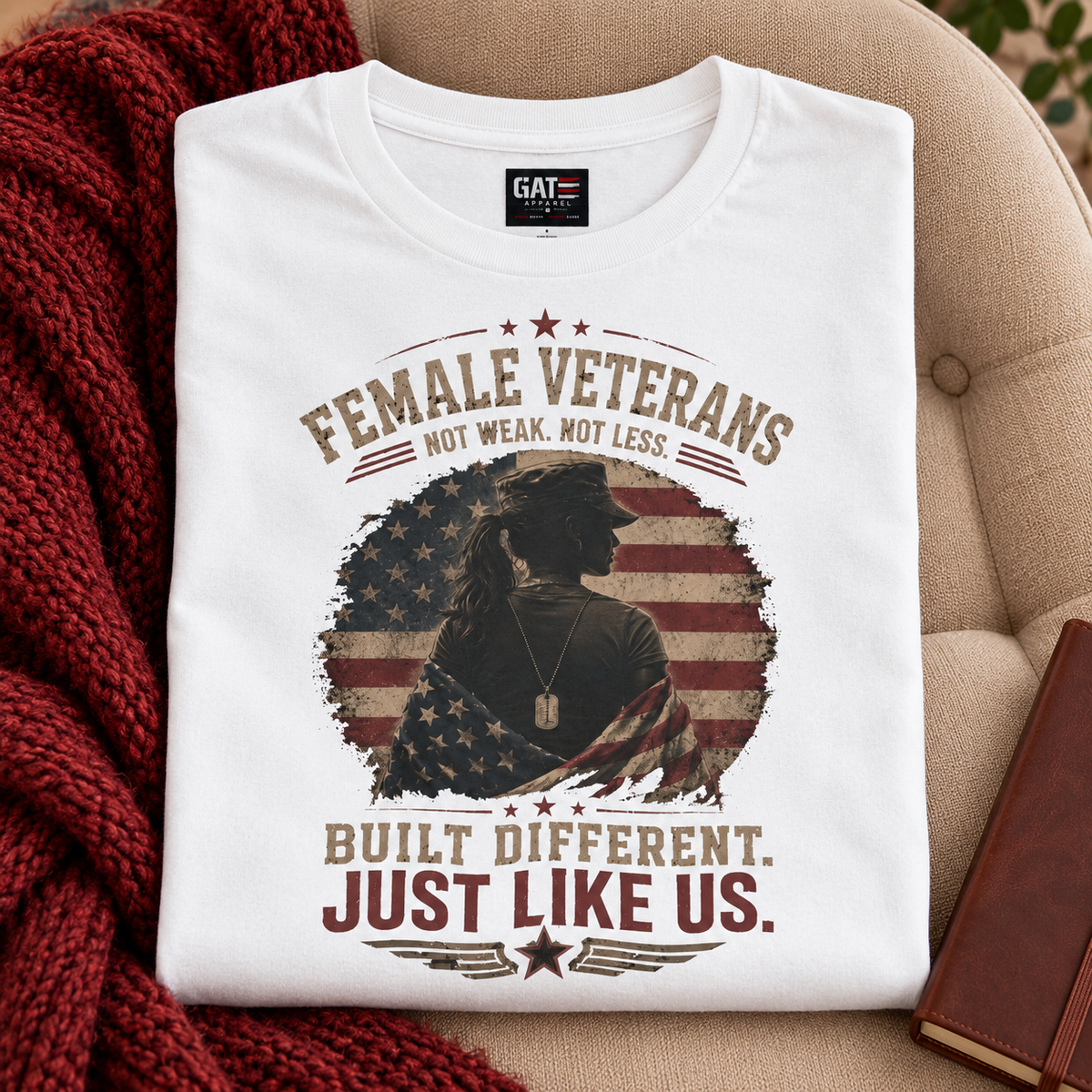 Female Veteran Built Different Shirt | Patriotic Military Tee — folded shirt lifestyle mockup