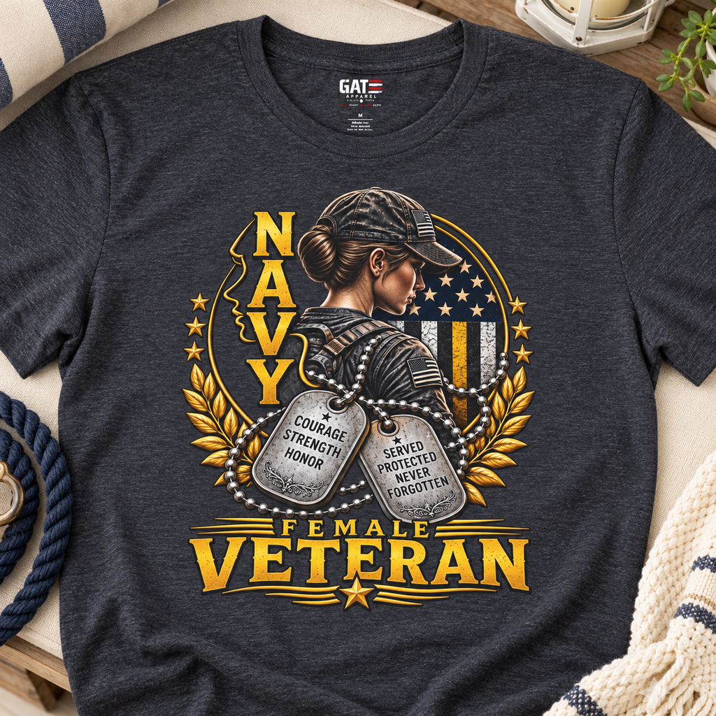 Female Navy Veteran Dog Tag Shirt | Patriotic Military Tee — close-up lifestyle flat lay