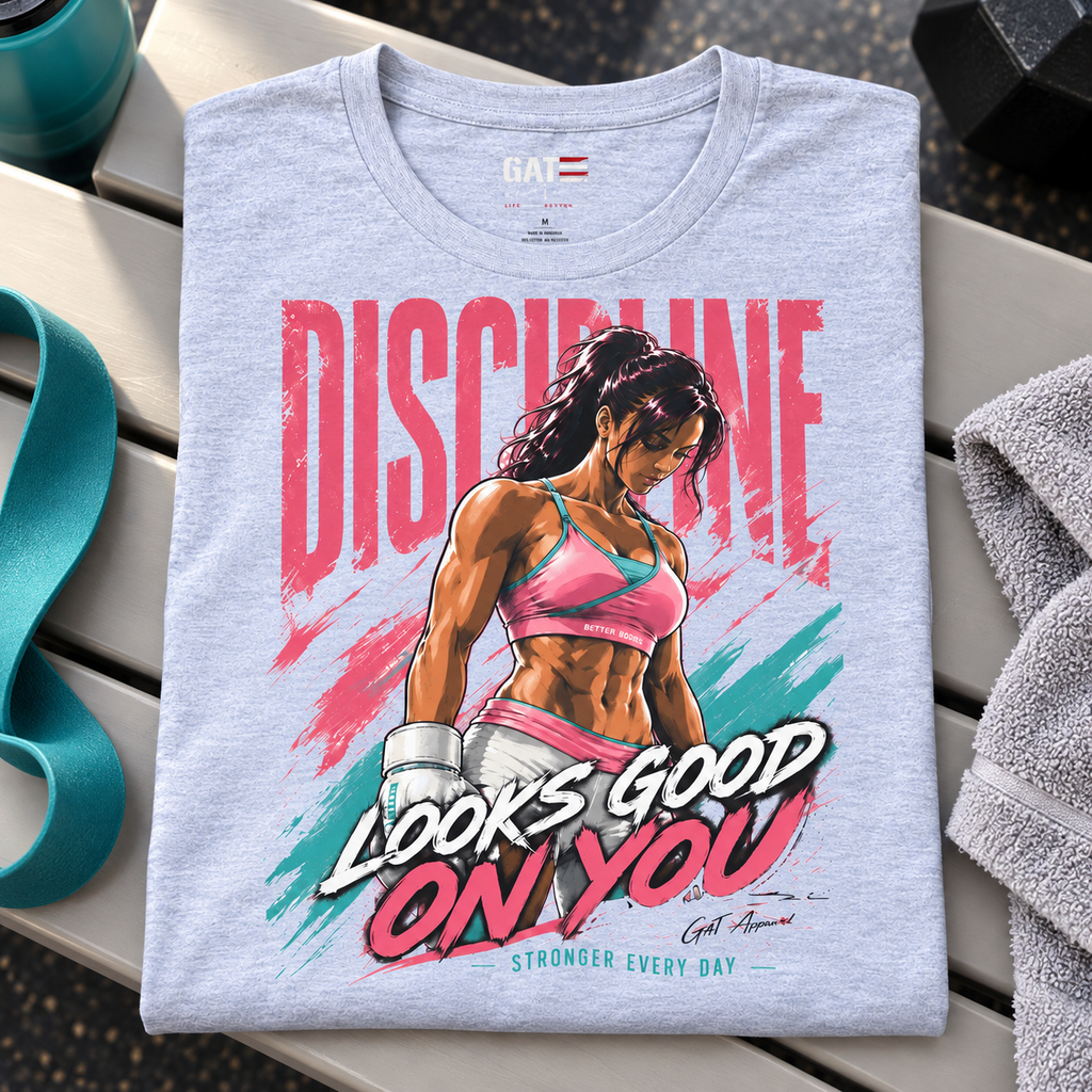 Discipline Looks Good on You Women's Gym Shirt — folded shirt lifestyle mockup