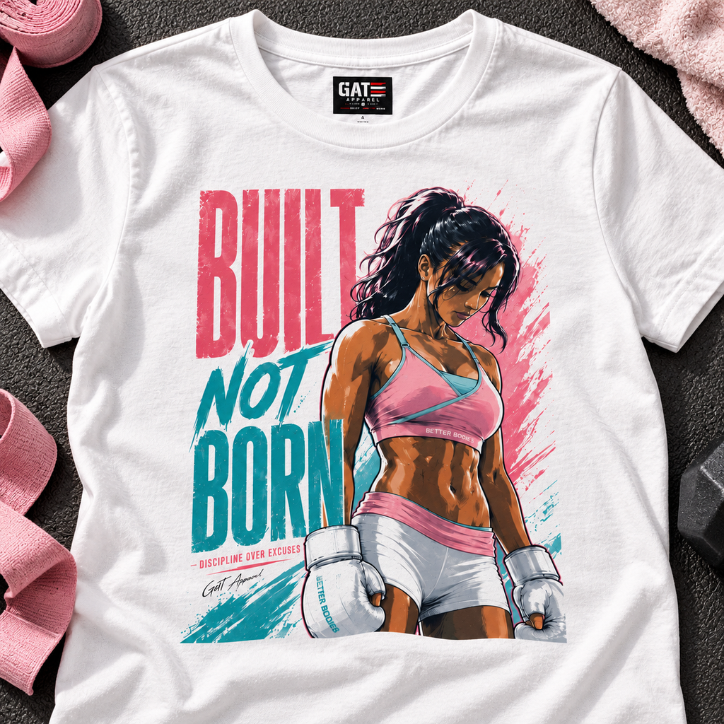 Built Not Born Women's Gym Shirt | Motivational Workout Tee — close-up lifestyle flat lay