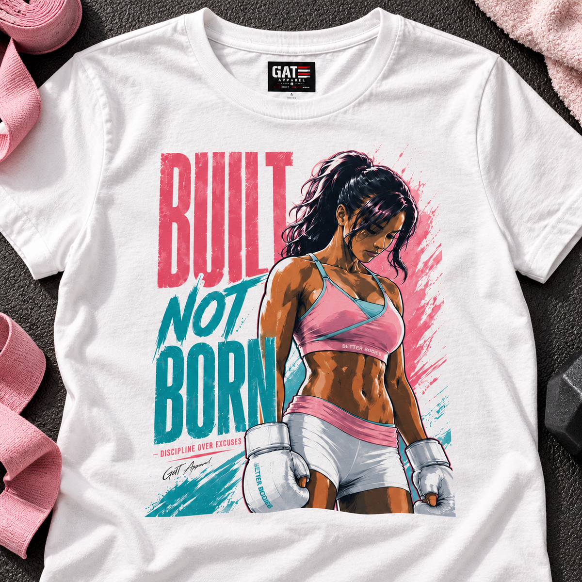 Built Not Born Women's Gym Shirt | Motivational Workout Tee — close-up lifestyle flat lay