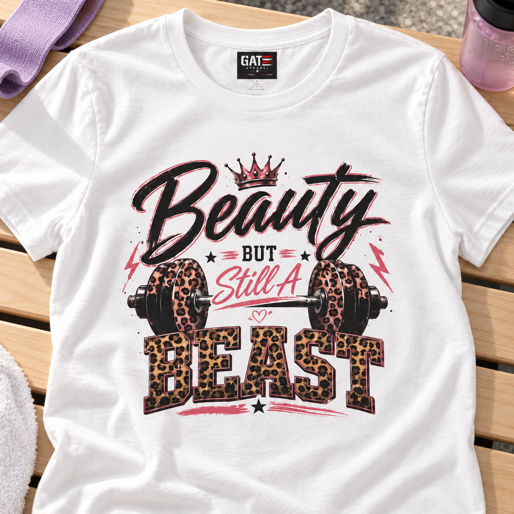 Beauty But Still a Beast Women's Gym Shirt | Workout Tee — close-up lifestyle flat lay