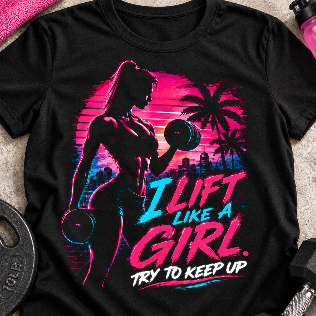 I Lift Like a Girl Women's Gym Shirt | Weightlifting Tee — close-up lifestyle flat lay