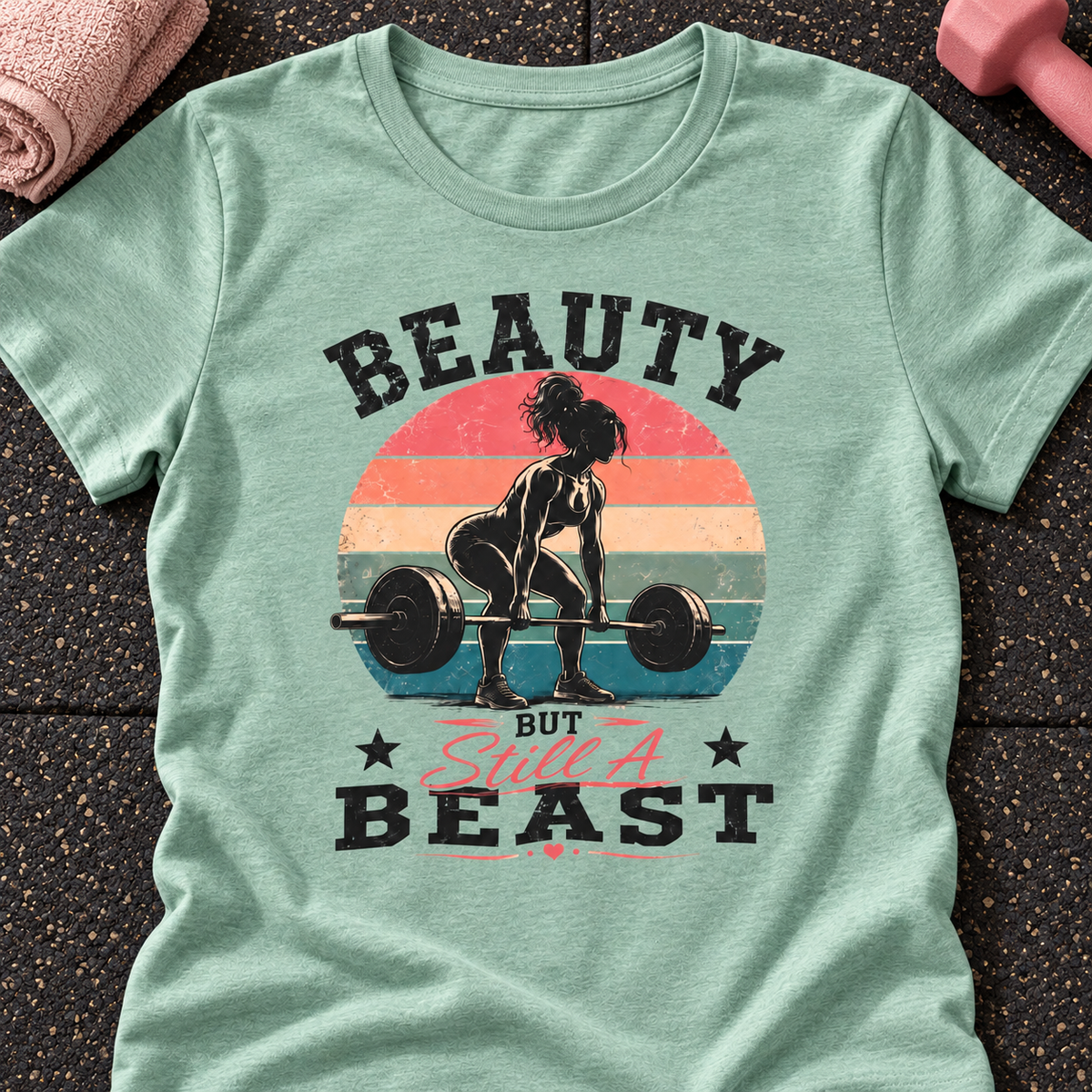 Beauty But Still a Beast Retro Women's Gym Shirt — close-up lifestyle flat lay