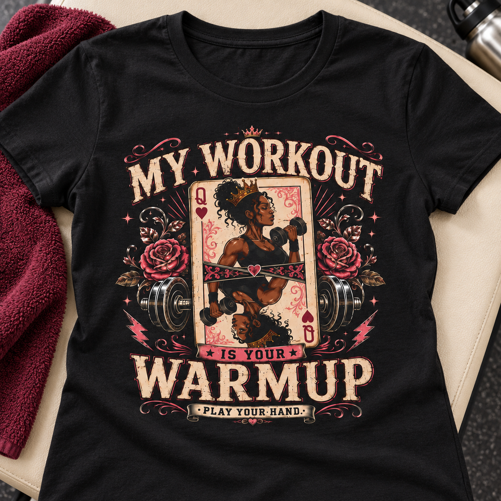 My Workout Is Your Warmup Women's Gym Shirt — close-up lifestyle flat lay