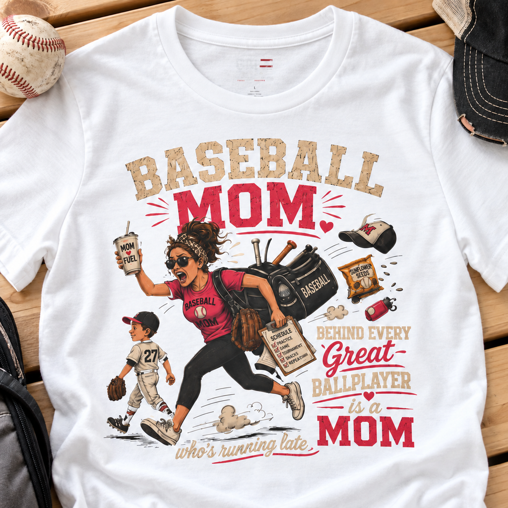 Baseball Mom Shirt | Travel Ball Sports Mom Tee — close-up lifestyle flat lay