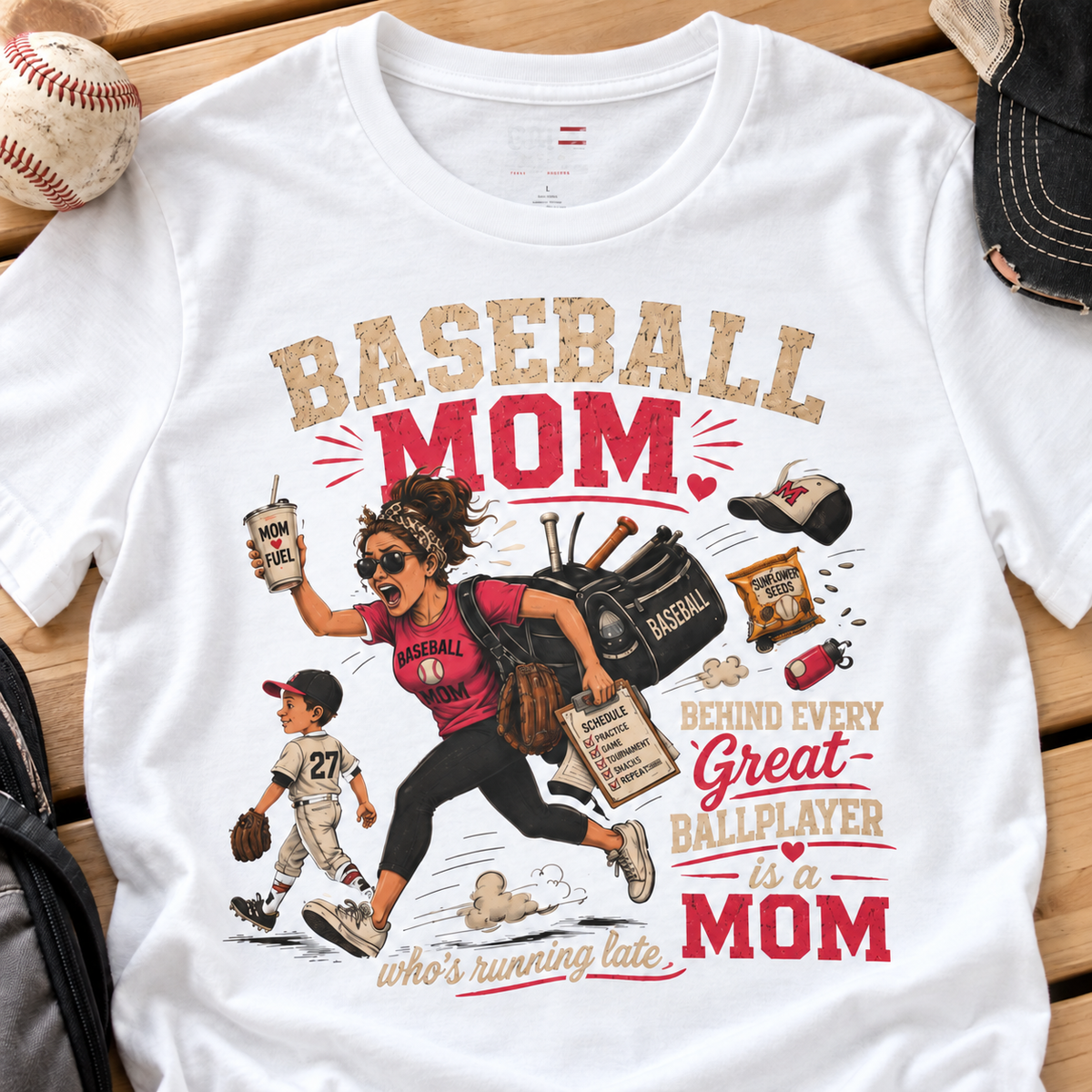 Baseball Mom Shirt | Travel Ball Sports Mom Tee — close-up lifestyle flat lay