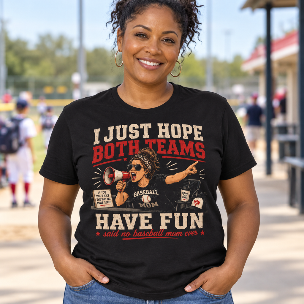 Just Hope Both Teams Have Fun Baseball Mom Shirt — close-up lifestyle mockup worn by a woman