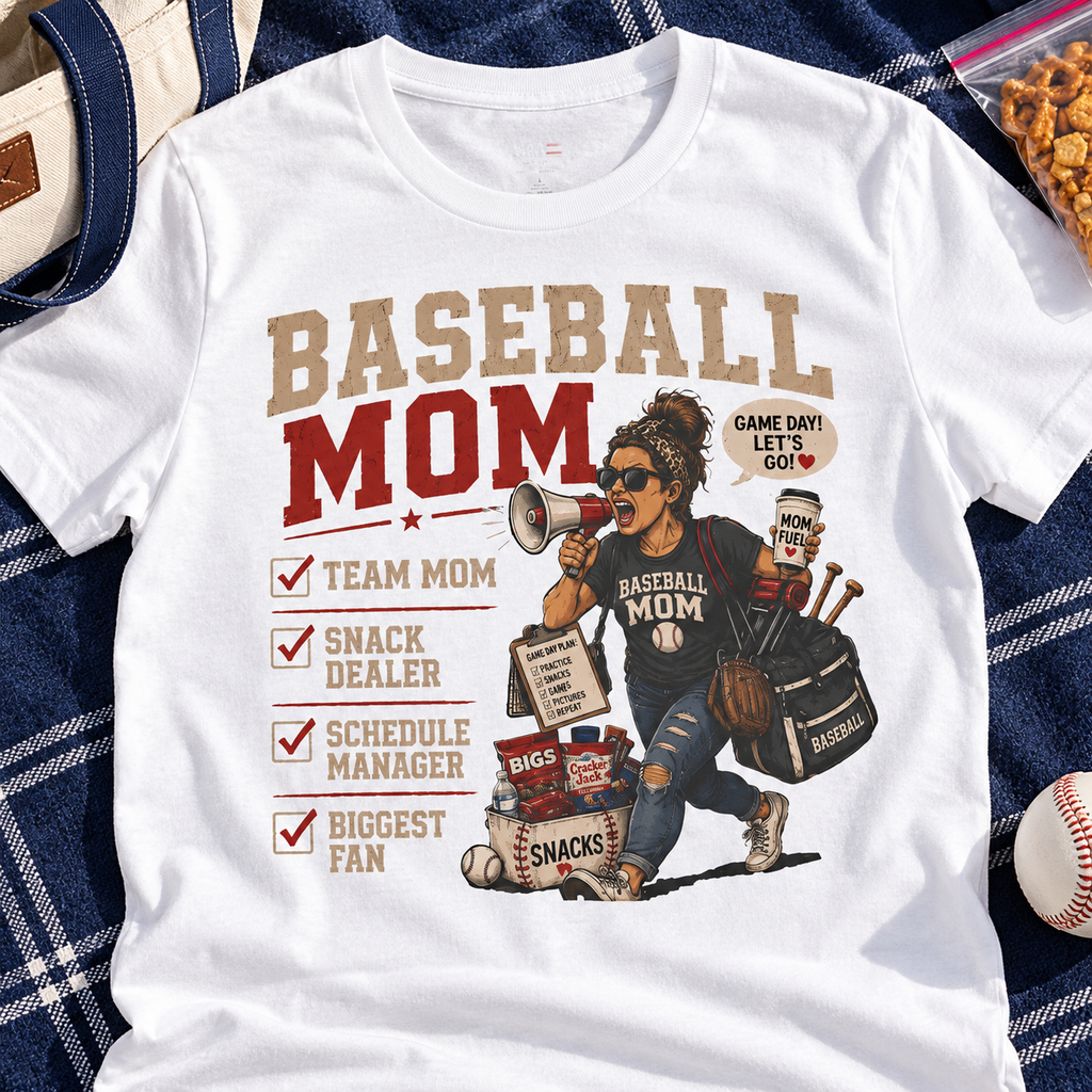 Baseball Mom Snack Dealer Shirt | Biggest Fan Game Day Tee — close-up lifestyle flat lay