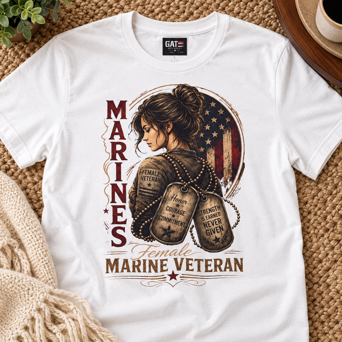 Female Marine Veteran Shirt | Patriotic Military Tee — close-up lifestyle flat lay