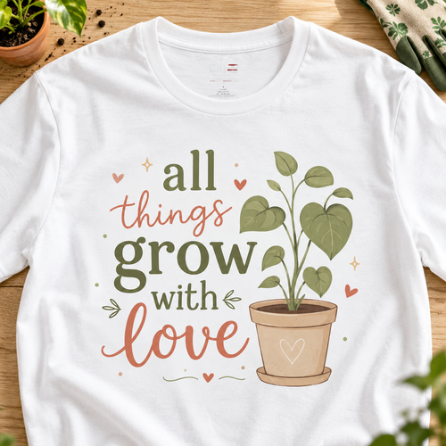 All Things Grow With Love Gardening Shirt | Plant Lover Tee — close-up lifestyle flat lay