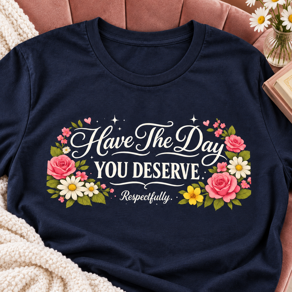 Have the Day You Deserve Respectfully Shirt | Sarcastic Tee — close-up lifestyle flat lay