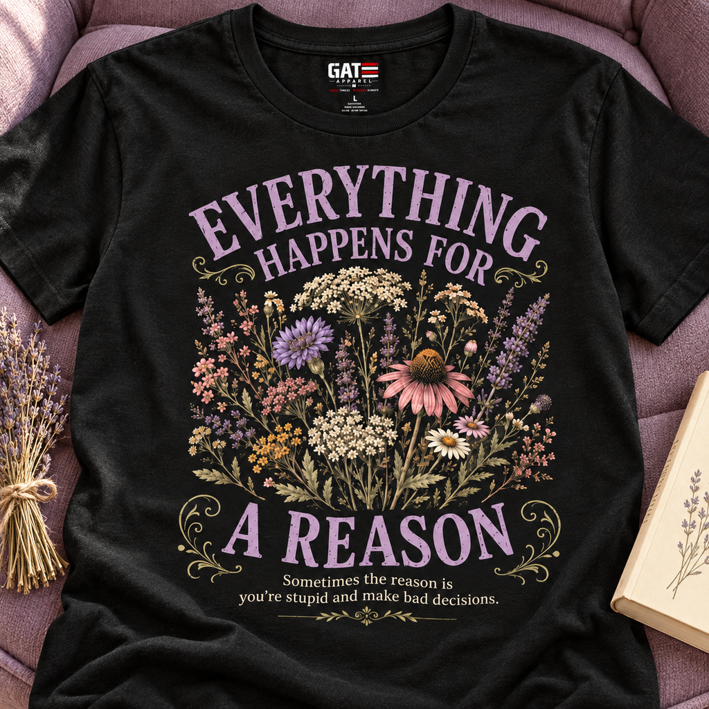 Everything Happens for a Reason Shirt | Dark Humor Floral Tee — close-up lifestyle flat lay