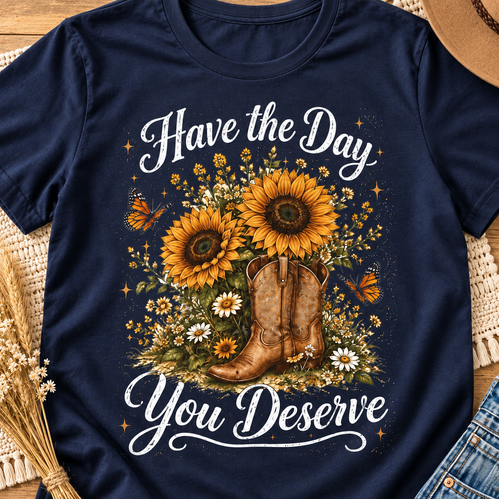 Have the Day You Deserve Sunflower Shirt | Western Floral Tee — close-up lifestyle flat lay