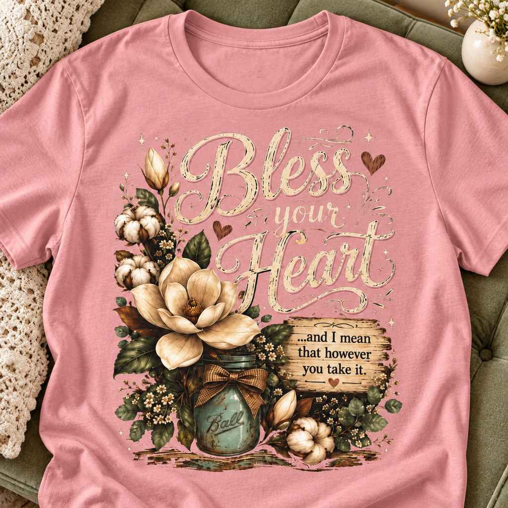 Bless Your Heart Magnolia Shirt | Southern Humor Tee — close-up lifestyle flat lay