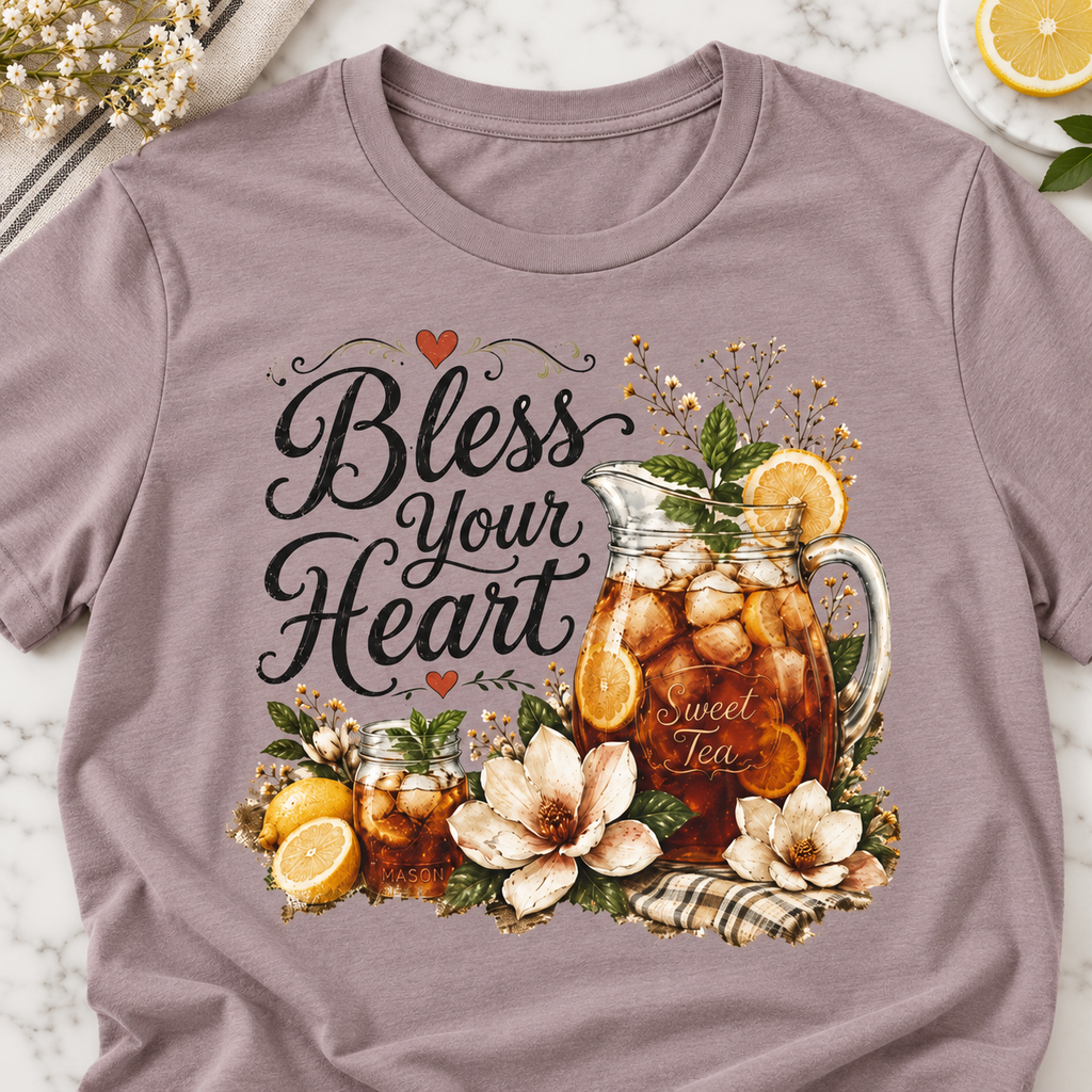 Bless Your Heart Sweet Tea Shirt | Magnolia Floral Tee — close-up lifestyle flat lay