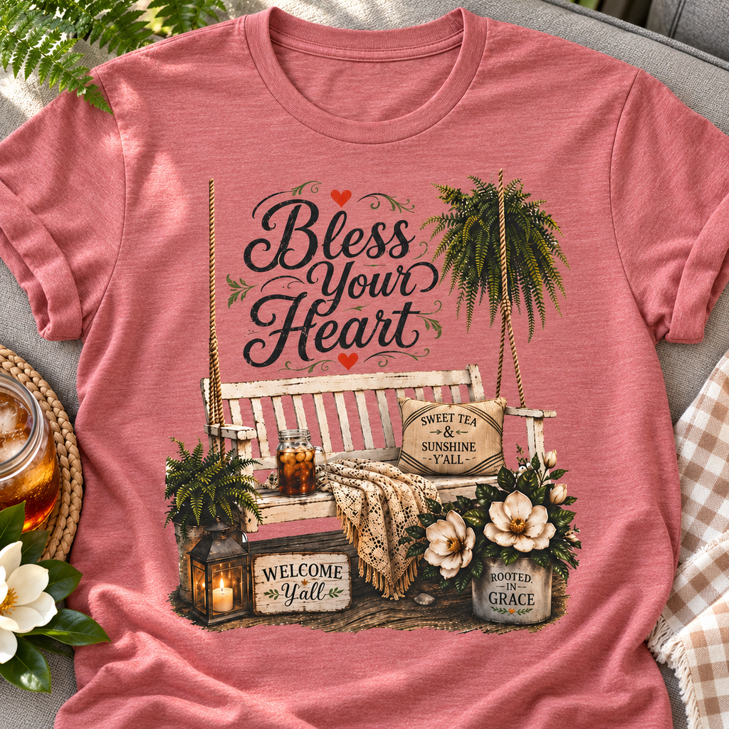 Bless Your Heart Porch Shirt | Magnolia Floral Tee — close-up lifestyle flat lay