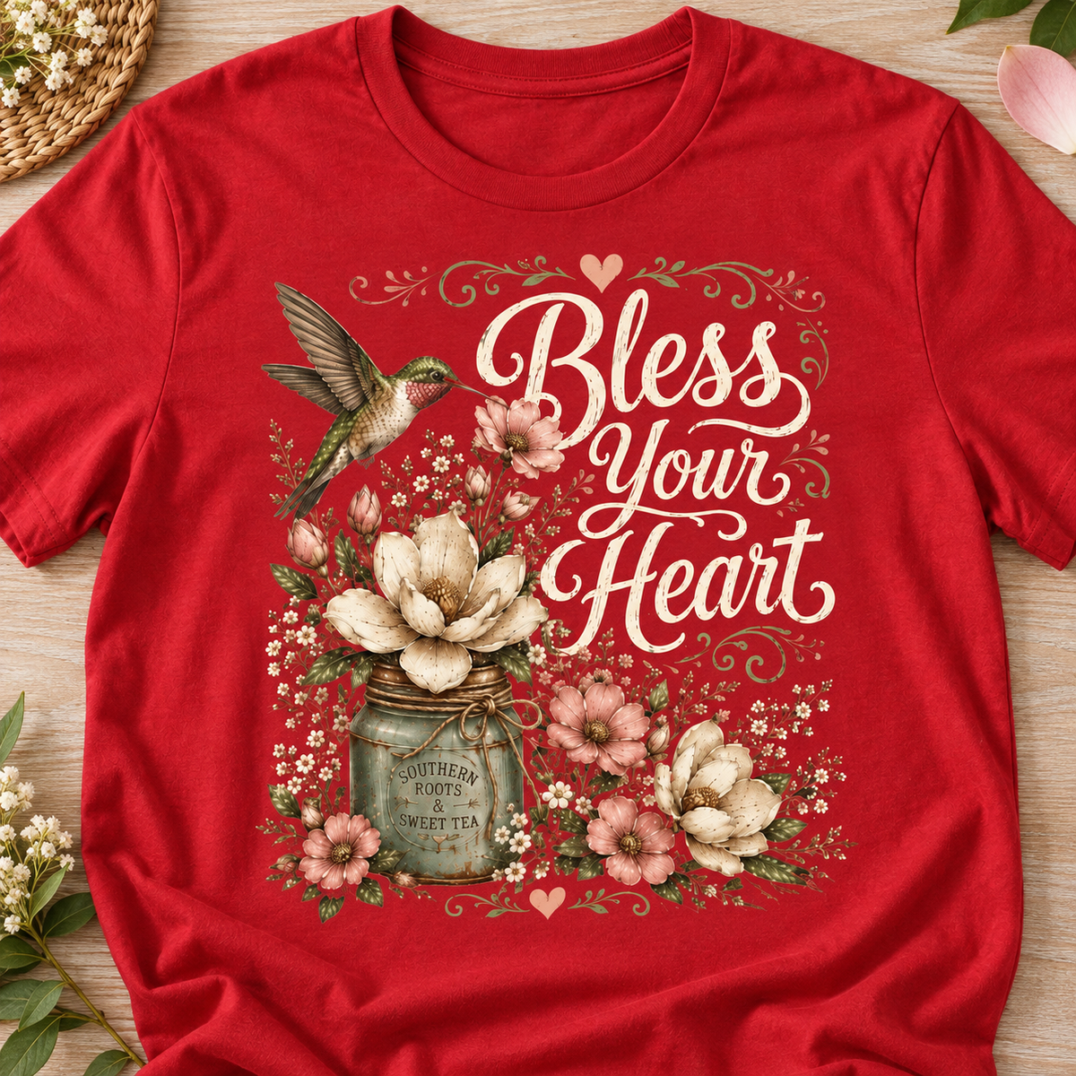 Bless Your Heart Hummingbird Shirt | Magnolia Floral Tee — close-up lifestyle flat lay