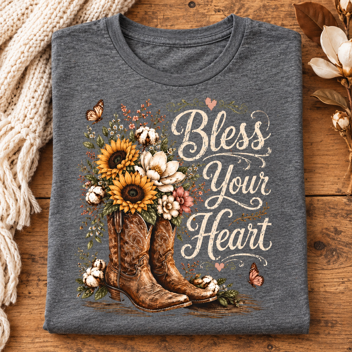 Bless Your Heart Boots Shirt | Magnolia Floral Tee — folded shirt lifestyle mockup