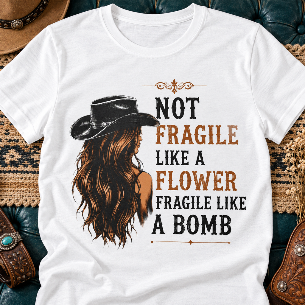 Fragile Like a Bomb Shirt | Western Cowgirl Graphic Tee — close-up lifestyle flat lay