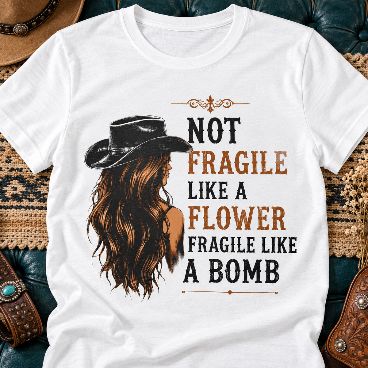Fragile Like a Bomb Shirt | Western Cowgirl Graphic Tee — close-up lifestyle flat lay