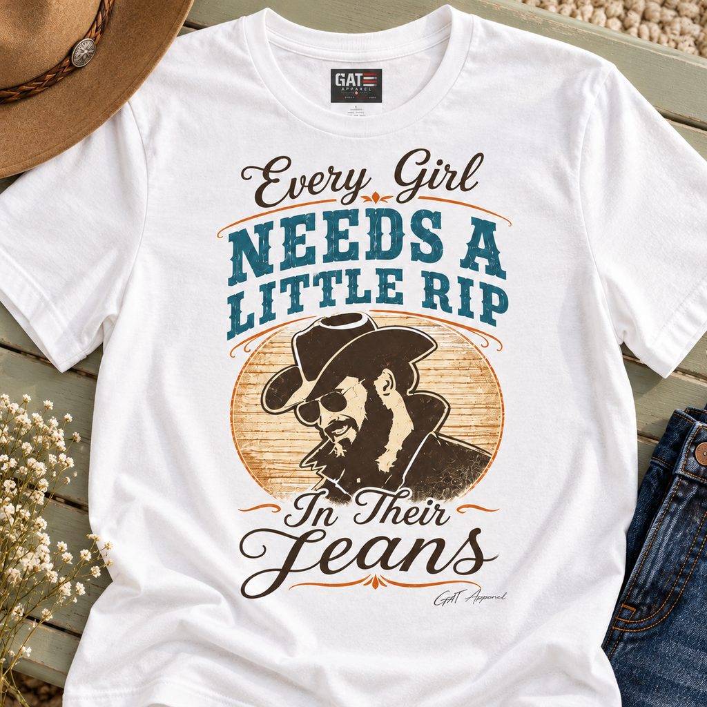 Every Girl Needs a Little Rip Blue Shirt | Western Cowgirl Tee — close-up lifestyle flat lay