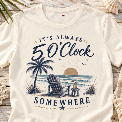 5 O'Clock Somewhere Beach Shirt | Vacation Tee — close-up lifestyle flat lay