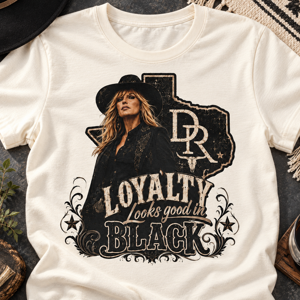 Beth Dutton Loyalty Looks Good in Black Shirt | Western Tee — close-up lifestyle flat lay