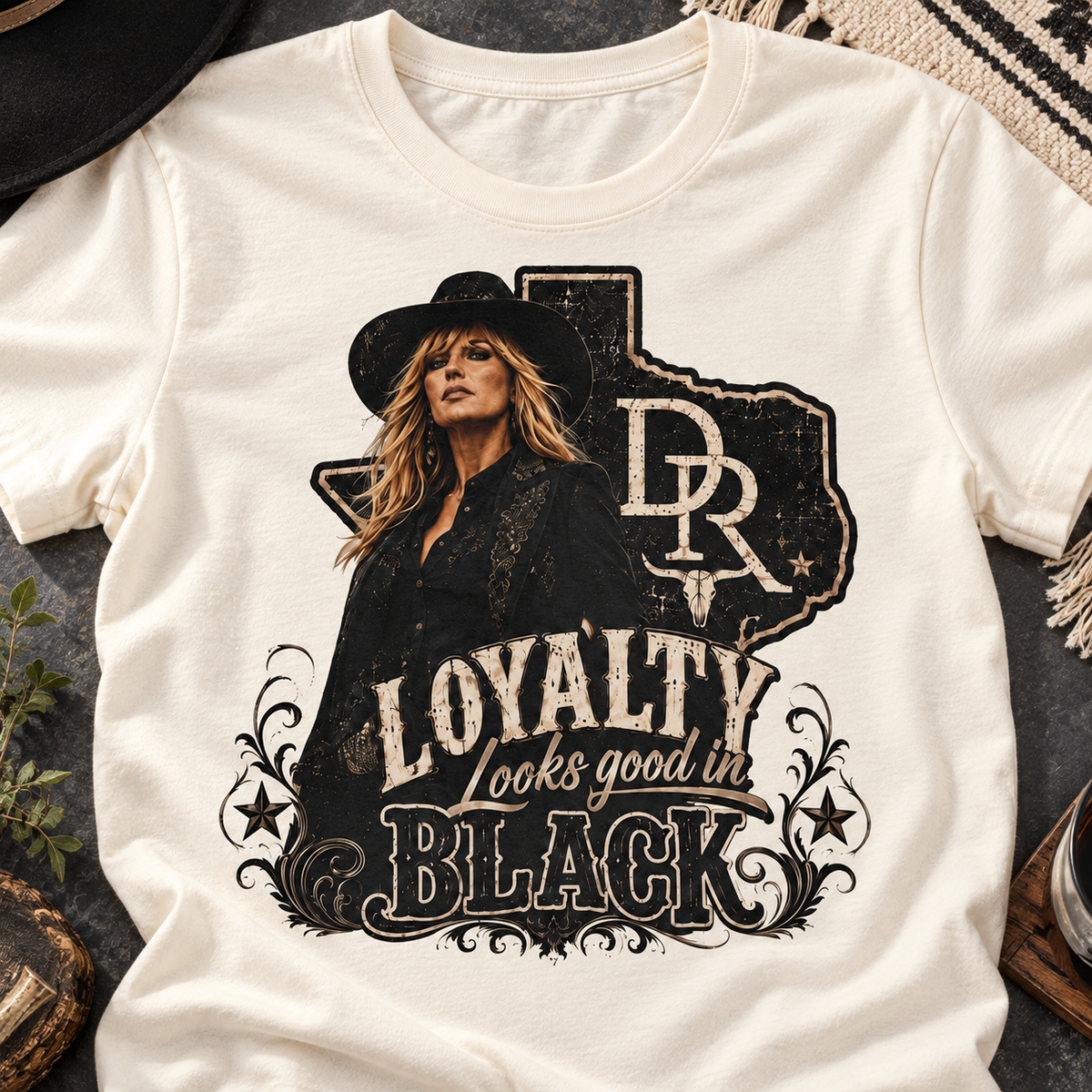 Beth Dutton Loyalty Looks Good in Black Shirt | Western Tee — close-up lifestyle flat lay