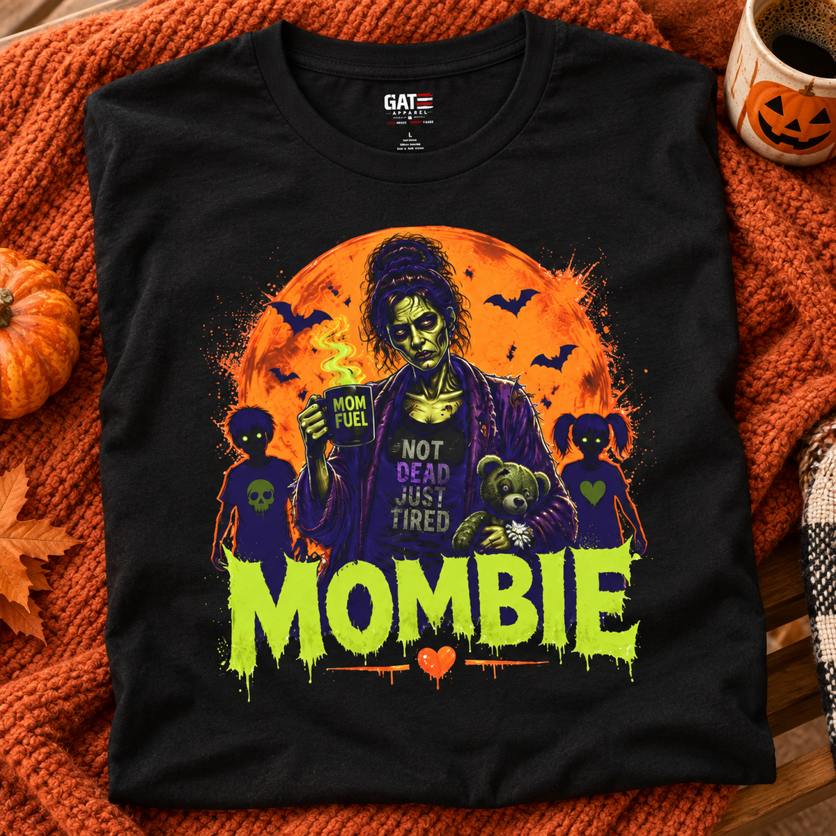 Mombie Halloween Shirt | Not Dead Just Tired Mom Tee — folded shirt lifestyle mockup