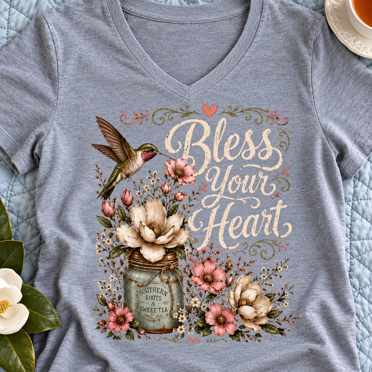 Bless Your Heart Floral V-Neck Shirt — close-up lifestyle flat lay